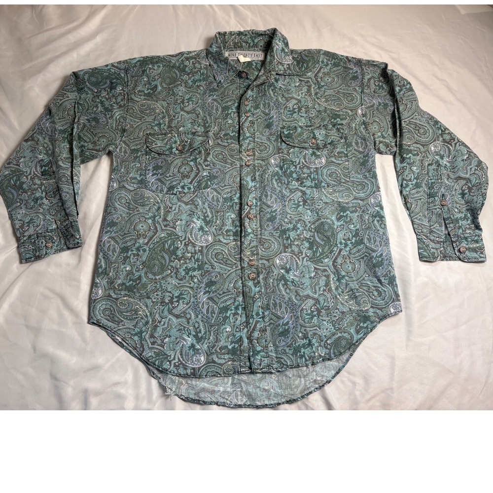 Nine Twenty East Paisley Button Down Shirt Mens L Teal Green Excellent Vintage